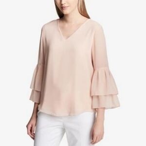 Calvin Klein Blush Pink Tiered Bell Sleeve Chiffon Blouse Size Medium Sheer Top